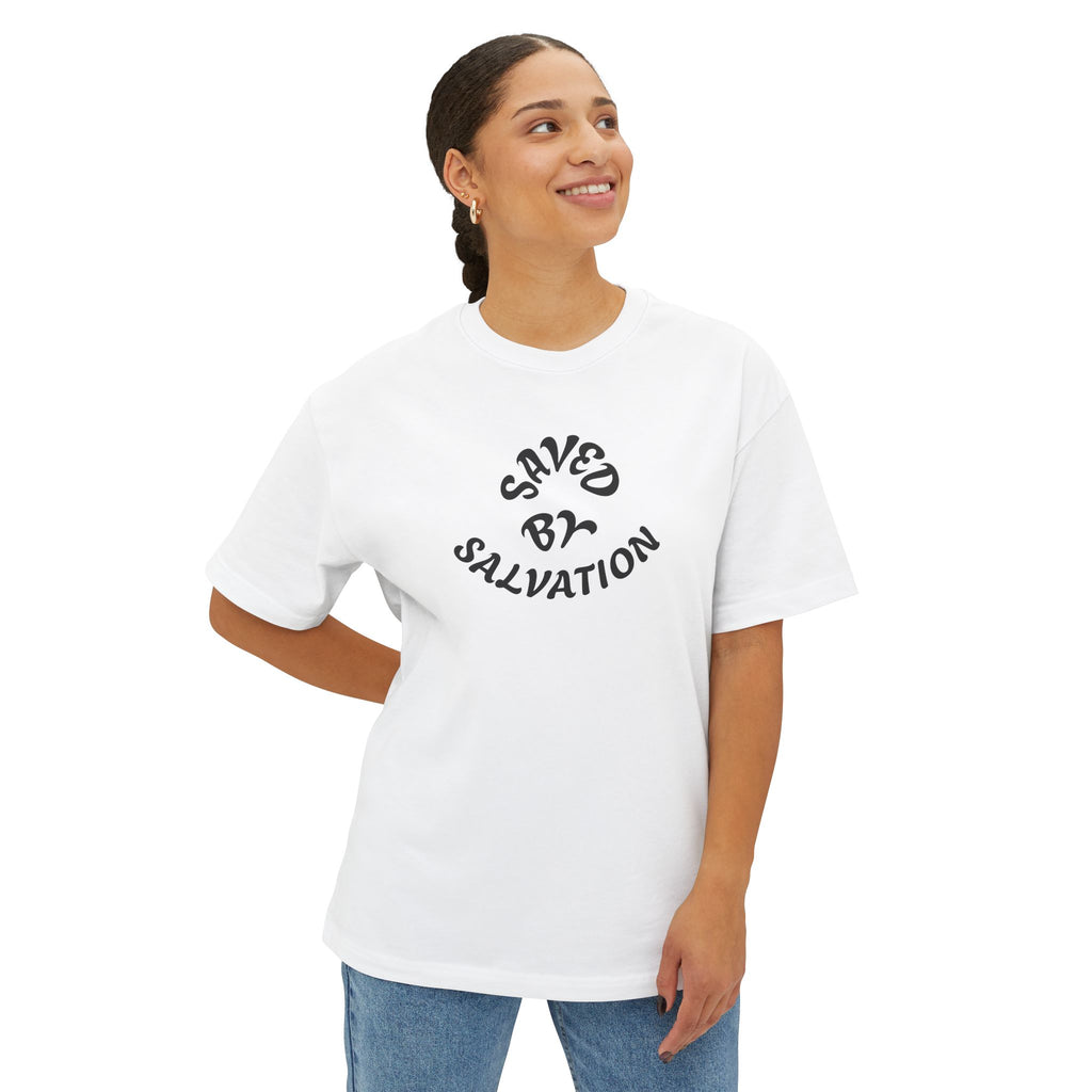 100% Cotton SAVEDBYSALVATION Unisex Oversized Boxy Tee with Inspirational Text, Casual T-Shirt, Graphic Tee, Comfortable Urban Wear,