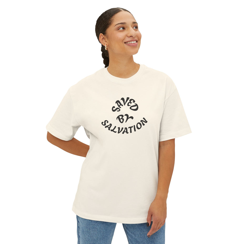 100% Cotton SAVEDBYSALVATION Unisex Oversized Boxy Tee with Inspirational Text, Casual T-Shirt, Graphic Tee, Comfortable Urban Wear,